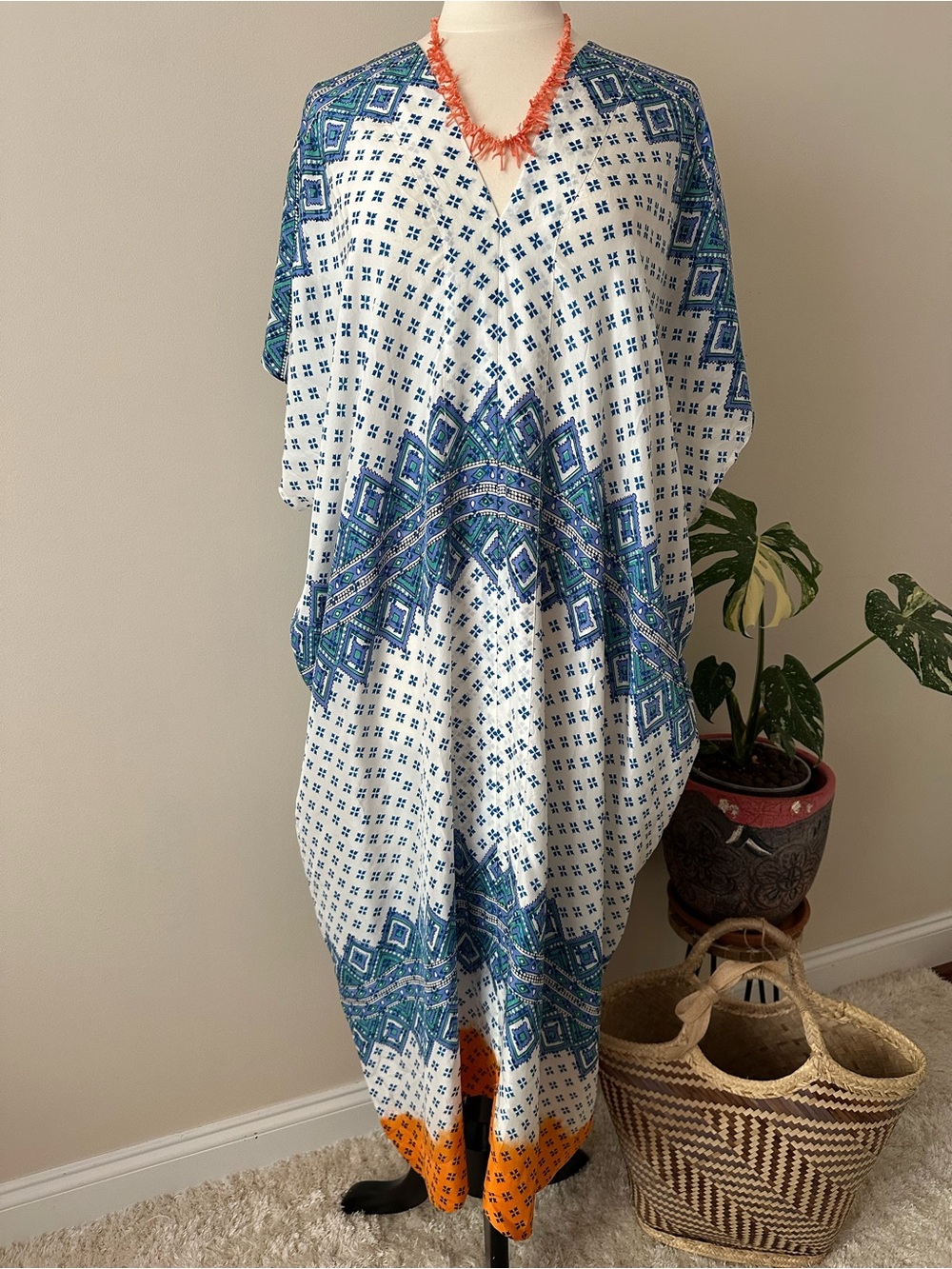 Roberta Roller Rabbit Blue & White Printed Kaftan with Teal Accent